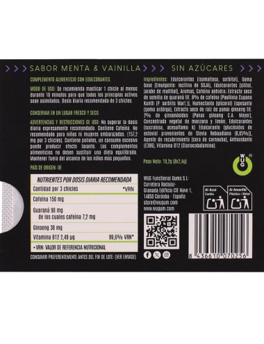 WUG ON - GOMME FONCTIONNELLE À LA CAFÉINE ET AU GUARANA, SAVEUR MENTHE ET VANILLE, PLAQUETTE DE 8 COMPRIMÉS