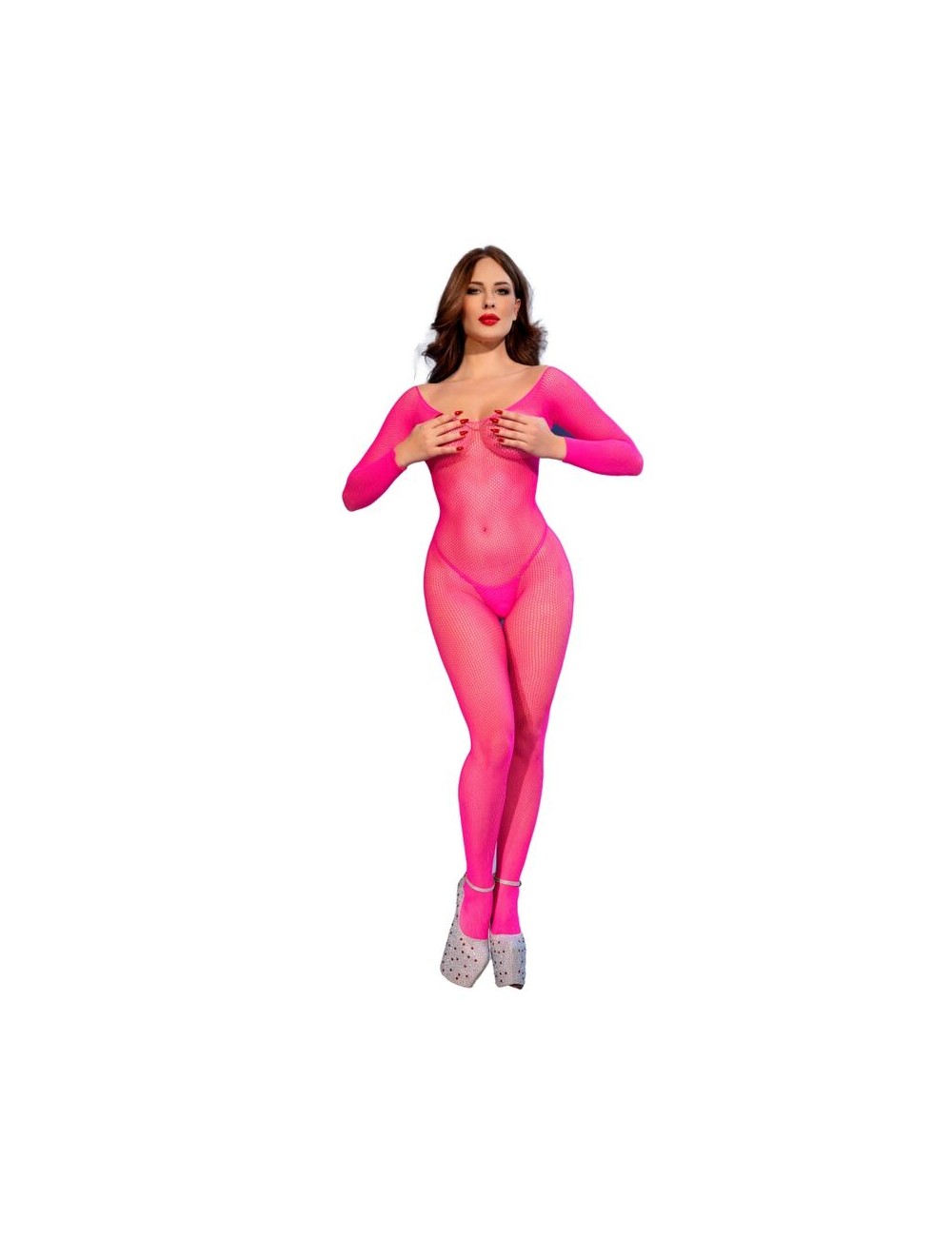 CHILIROSE - CR 4894 BODYSTOCKING EN RÉSEILLE ROSE NÉON S/M