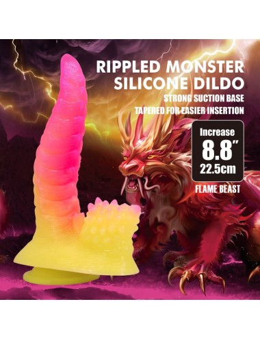 POWER MONSTERS - GODEMICHET MONSTRE ONDULÉ FANTASY AVEC VENTOUSE 22,5 CM Ø 5,5 CM ROSE ET JAUNE