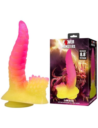 POWER MONSTERS - GODEMICHET MONSTRE ONDULÉ FANTASY AVEC VENTOUSE 22,5 CM Ø 5,5 CM ROSE ET JAUNE