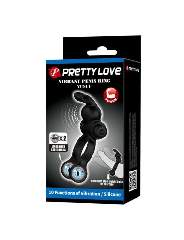 PRETTY LOVE - ANNEAU VIBRANT POUR PÉNIS AVEC STIMULATEUR LAPIN, 10 FONCTIONS, NOIR