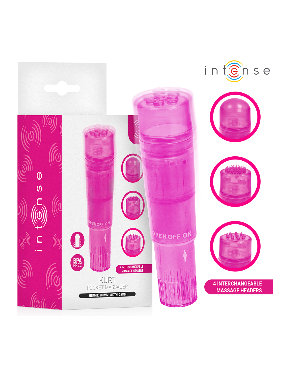 INTENSE - MINI MASSEUR KURT AVEC 4 TÊTES INTERCHANGEABLES ROSE