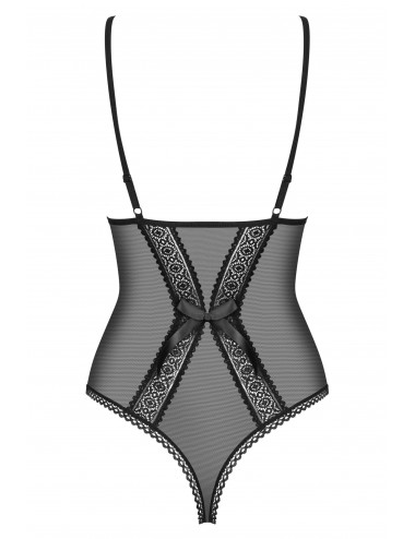 Lingerie - Bodys - Body maille fine noire transparente avec nœud en satin et dentelle 862-TED-1 - Obsessive