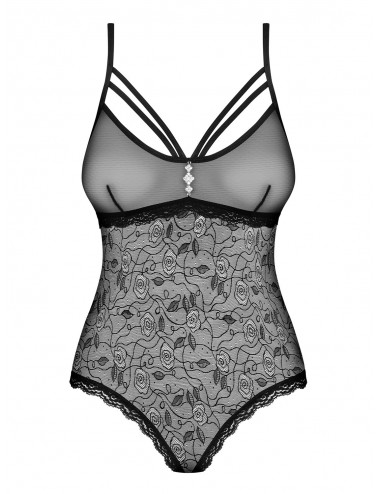 Lingerie - Bodys - Body noire semi-transparente avec motif à fleur et bijou 818-ted-1 - Obsessive