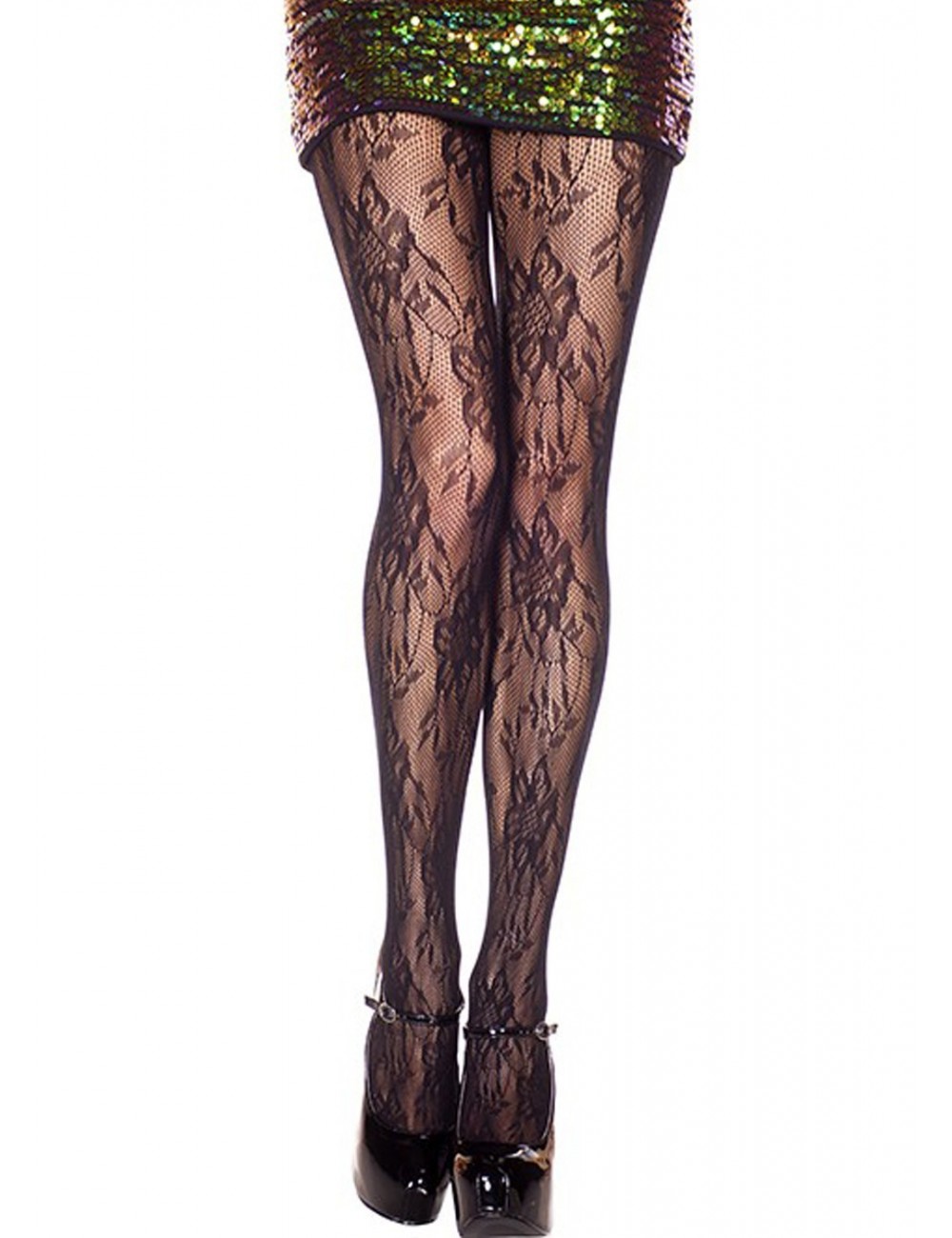Lingerie - Collants - Collant nylon noire résille avec motif florale et élégant- MH50051BLK - Music Legs