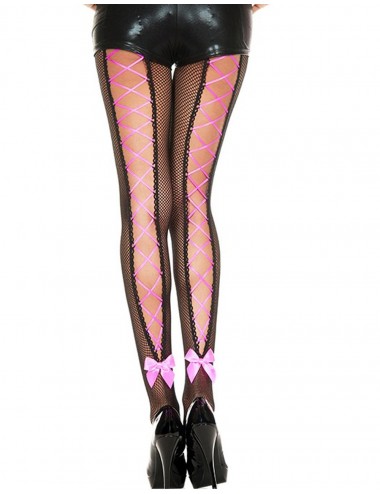 Lingerie - Collants - Collant résille noir avec laçage rose corset et noeud - MH50012BHP - Music Legs