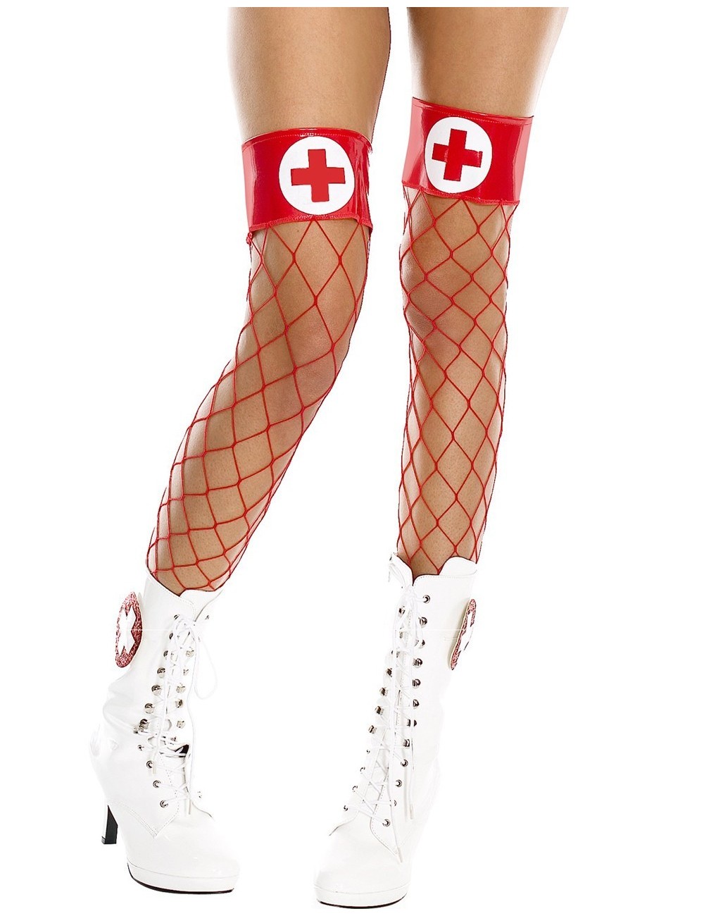 Lingerie - Bas Autofixants - Bas filet rouges autofixants jarretières brillantes et croix infirmière - MH4884REW - Music Legs