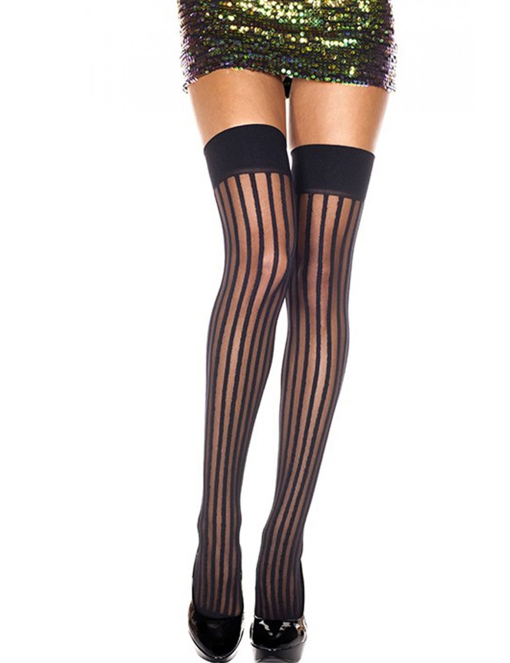 Lingerie - Bas - Bas sexy noire opaque avec lignes verticales - MH4231BLK - Music Legs