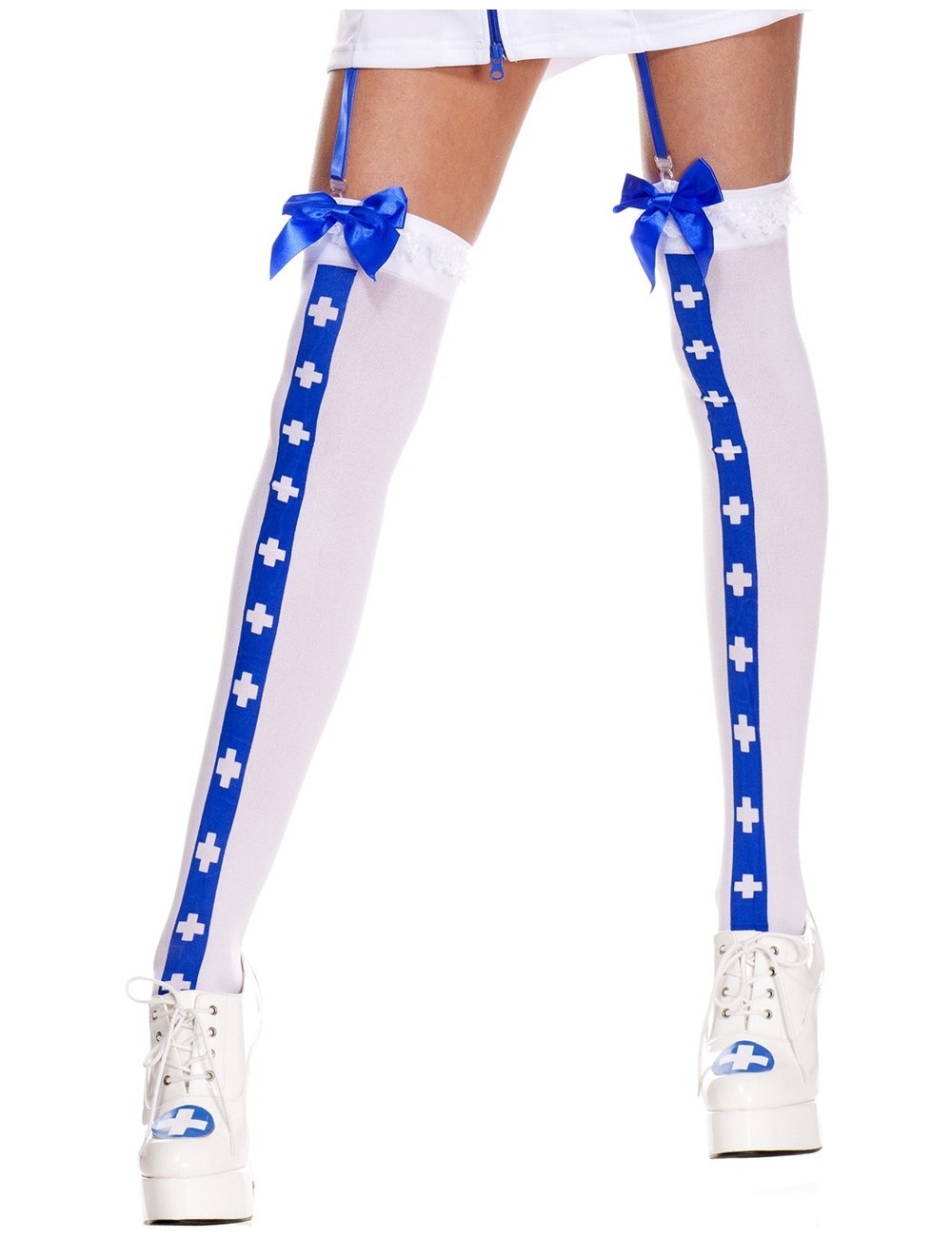 Lingerie - Bas - Bas sexy blanc avec bande bleu croix nfirmière et noeuds satinés - MH4780WBL - Music Legs