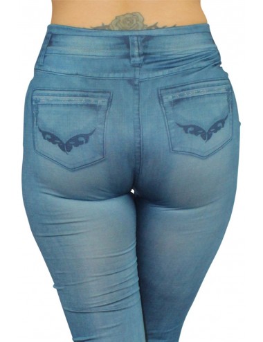 Lingerie - Grande Tailles - Legging bleu style jean moulant avec impressions sur poches - FD1018 - Fashion Diffusion