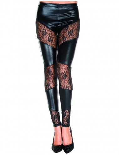 Lingerie - Leggings Sexy - Legging noir sexy wetlook avec bandes de dentelle florale - Music Legs