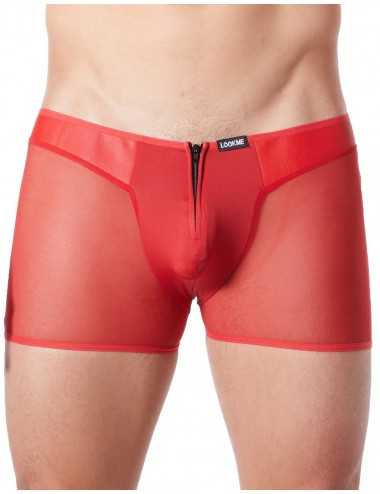 Boxer rouge sexy avec fermeture éclair et côtés style cuir et maille transparente - LM813-67RED