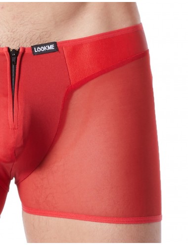 Boxer rouge sexy avec fermeture éclair et côtés style cuir et maille transparente - LM813-67RED