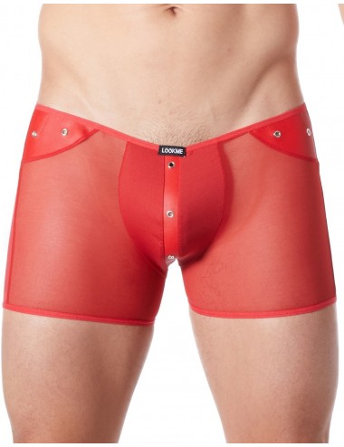 Boxer rouge sexy maille transparente et bande style cuir - LM807-67RED