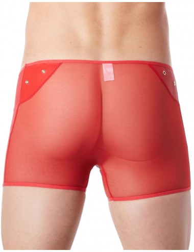 Boxer rouge sexy maille transparente et bande style cuir - LM807-67RED