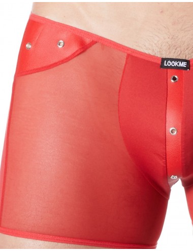 Boxer rouge sexy maille transparente et bande style cuir - LM807-67RED