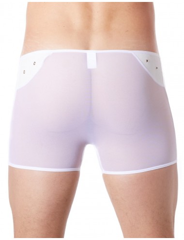 Boxer blanc sexy maille transparente et bande style cuir - LM807-67WHT