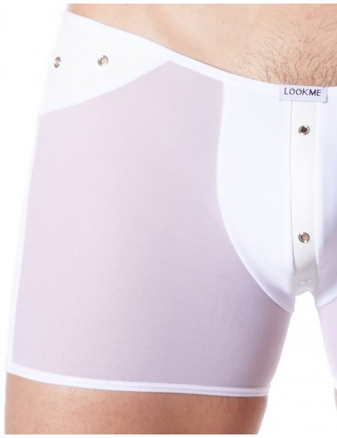 Boxer blanc sexy maille transparente et bande style cuir - LM807-67WHT