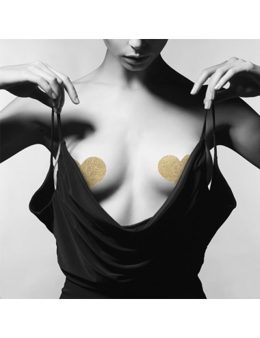 Lingerie - Nipples et accessoires - Cache-tétons Coeur dorés en forme de croix avec paillettes Flash - Bijoux Indiscrets
