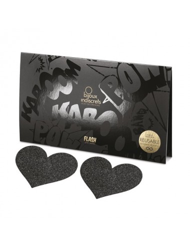 Lingerie - Nipples et accessoires - Cache-tétons Coeur noirs en forme de coeur noirs avec paillettes Flash - BI-01765 - Bijou...