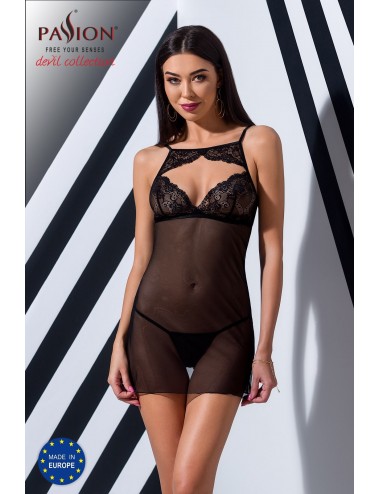 Lingerie - Nuisettes - Nuisette Babydoll maille fine transparente noire et dentelle délicate Veronique - Passion