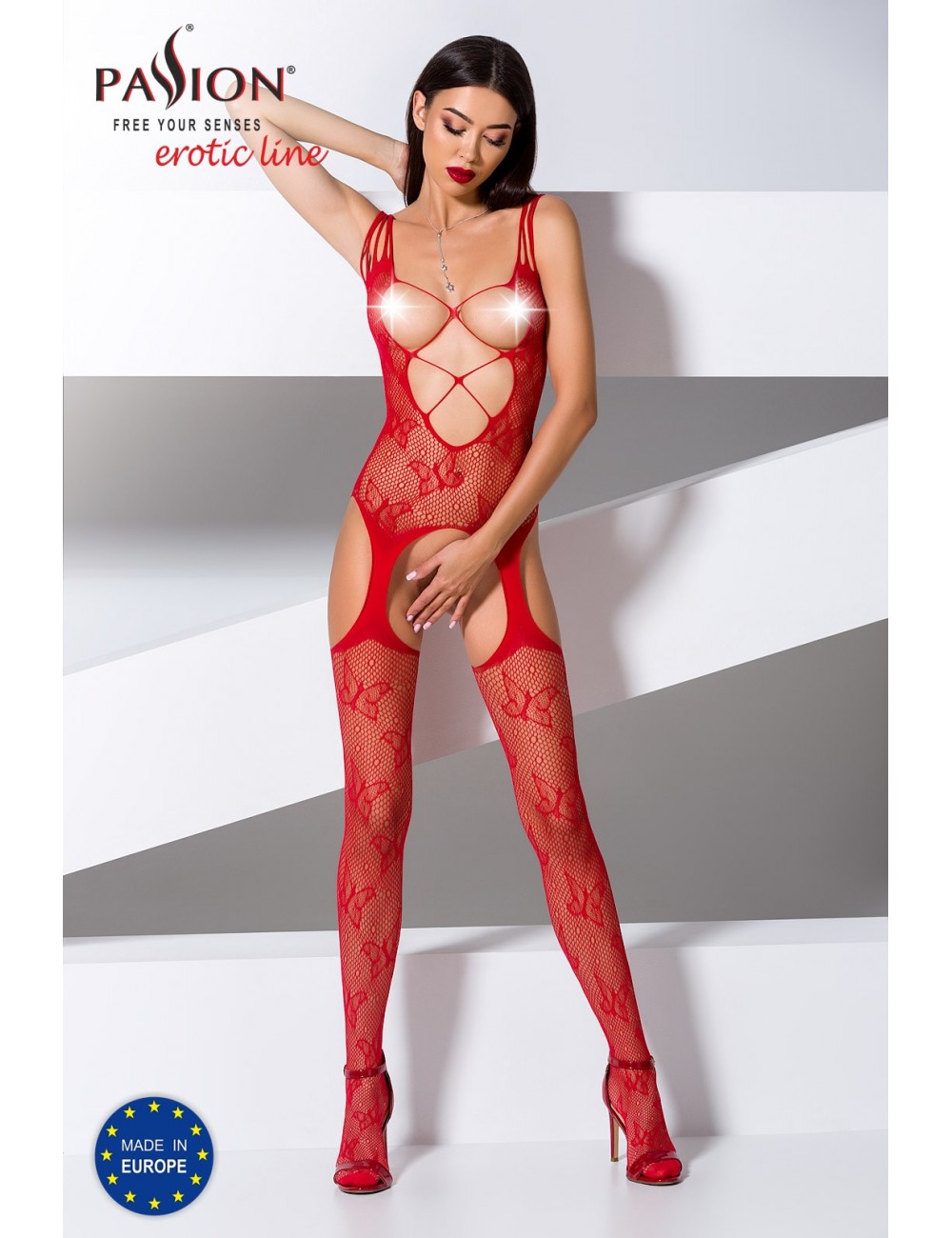 Lingerie - Combinaisons - Bodystocking en maille sexy rouge seins nue BS075R - Passion Lingerie