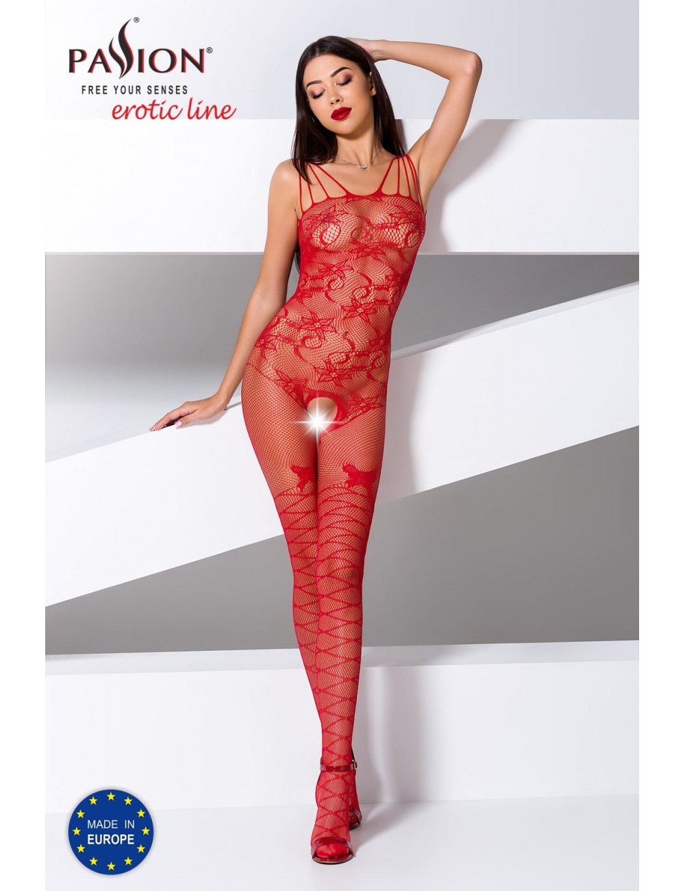 Lingerie - Combinaisons - Bodystocking sexy rouge avec motif BS076R - Passion Lingerie