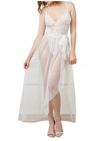 Lingerie - Bodys - Body string blanc échancré dentelle avec jupe de maille transparente amovible - DG10996WHT - Dreamgirl