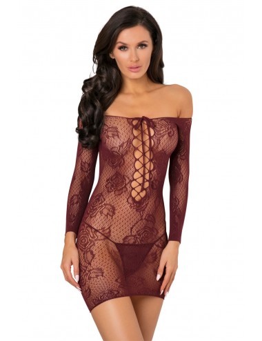 Lingerie - Nuisettes - Nuisette bordeaux fine résille manches 3/4 - REN7067-BUR - René Rofé