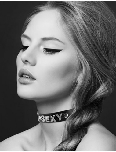 Sextoys - Bondage - SM - Collier fétichiste en cuir noire SM avec Sexy en strass - CC6050120010 - Bijoux Pour Toi