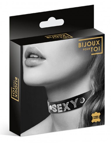 Sextoys - Bondage - SM - Collier fétichiste en cuir noire SM avec Sexy en strass - CC6050120010 - Bijoux Pour Toi