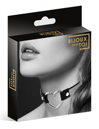 Sextoys - Bondage - SM - Collier en cuir noir SM avec bande de strass et coeur métal argenté - CC6060050010 - Bijoux Pour Toi