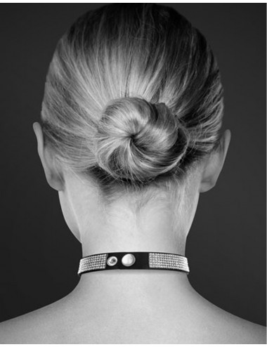 Sextoys - Bondage - SM - Collier en cuir noir sm avec bande de strass et coeur métal argenté - cc6060050010 - Bijoux Pour Toi