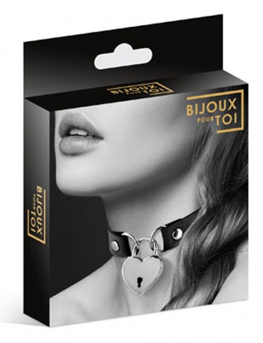 Sextoys - Bondage - SM - Collier en cuir noir sm avec pendentif cadenas coeur argenté - cc6060040010 - Bijoux Pour Toi