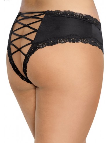 Tanga grande taille noir satiné bordures dentelle ajouré sur les fesses - DG1434XBLK