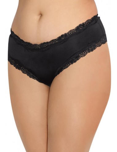 Tanga grande taille noir satiné bordures dentelle ajouré sur les fesses - DG1434XBLK