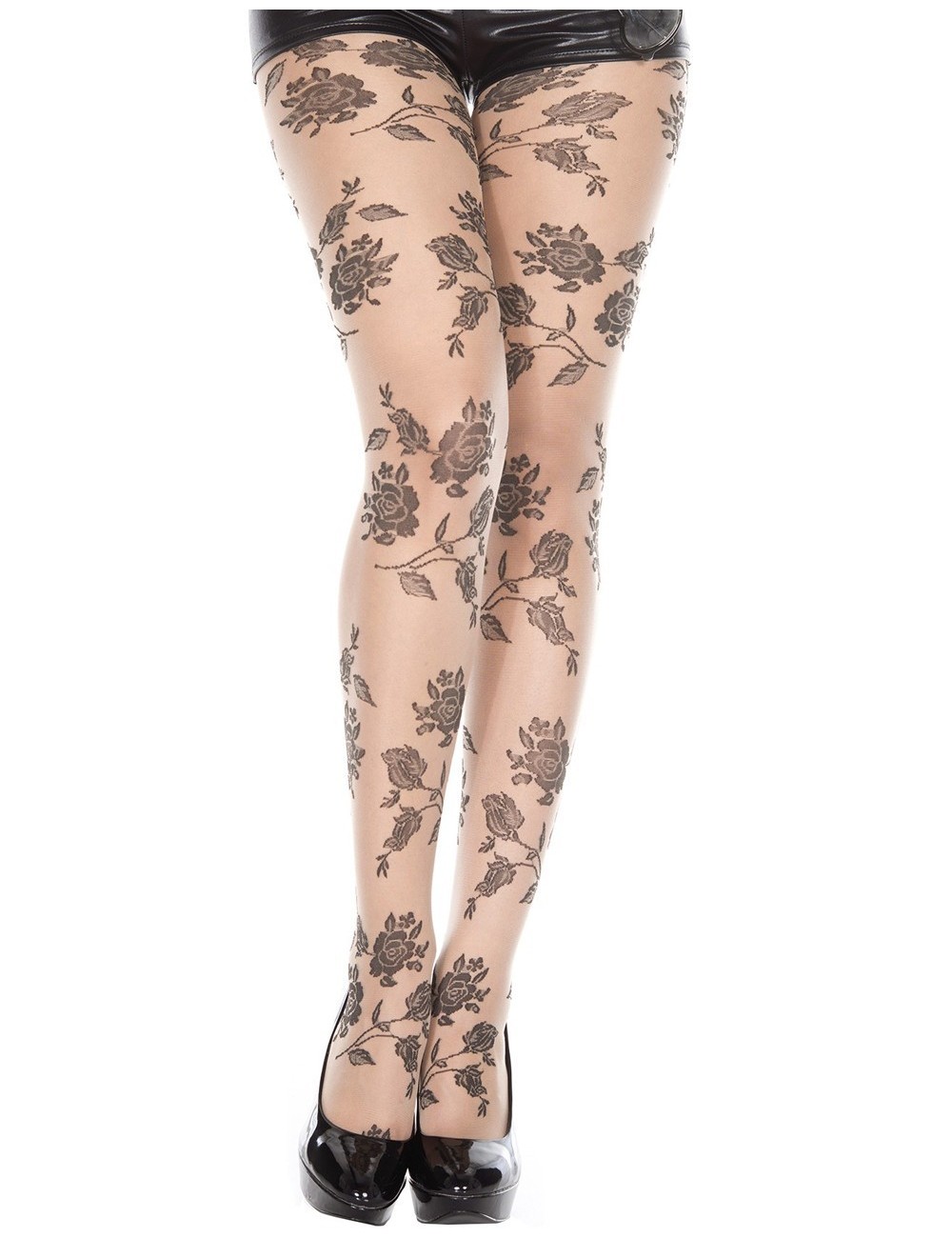 Lingerie - Collants - Collant chair fantaisie et fleurs noires - MH7095NUB - Music Legs