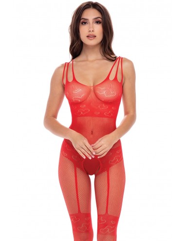 Bodystocking fantaisie rouge ouvert à l'entrejambe - REN7094-RED