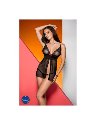 Lingerie - Nuisettes - Nuisette noire en fine résille avec Ouverture sur le devant en dessous du noeud en satin rouge Lasedi ...