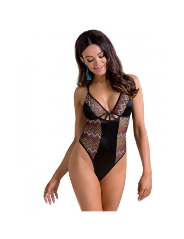 Lingerie - Bodys - Body satin noir et de tulle translucide aux décorations géométriques Lagerta - S-M -