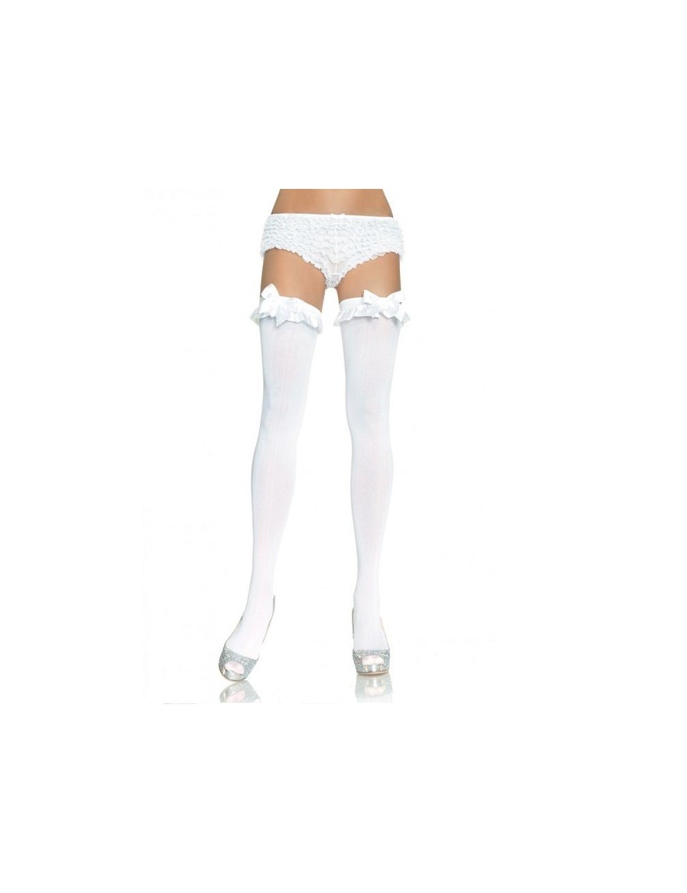 LEG AVENUE - COLLANT OPAQUE BLANC AVEC FINITION VOLANT ET NOEUD LEG AVENUE - COLLANT OPAQUE BLANC AVEC FINITION VOLANT ET NOEUD