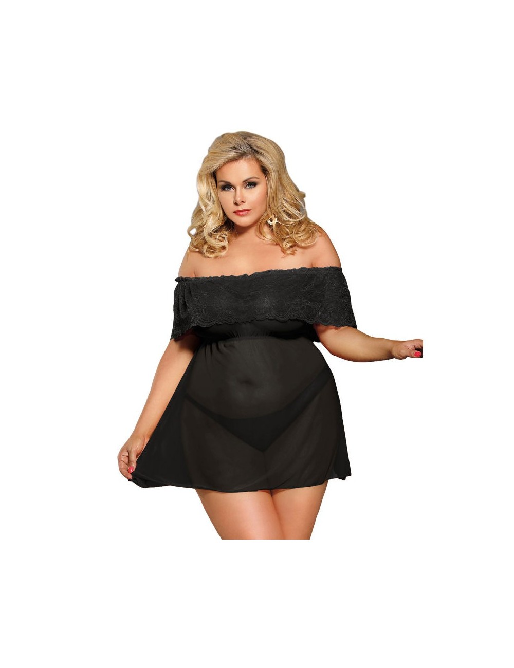 Lingerie - Grande Tailles - ROBE COURTE SUBBLIME QUEEN PLUS + String NOIR - Subblime Queen Plus Size Lingerie - Grande Tailles - ROBE COURTE SUBBLIME QUEEN PLUS + String NOIR - Subblime Queen Plus Size