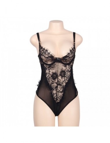 SUBBLIME - QUEEN PLUS DENTELLE FLORALE ET TEDDY NOIR  FRANGES