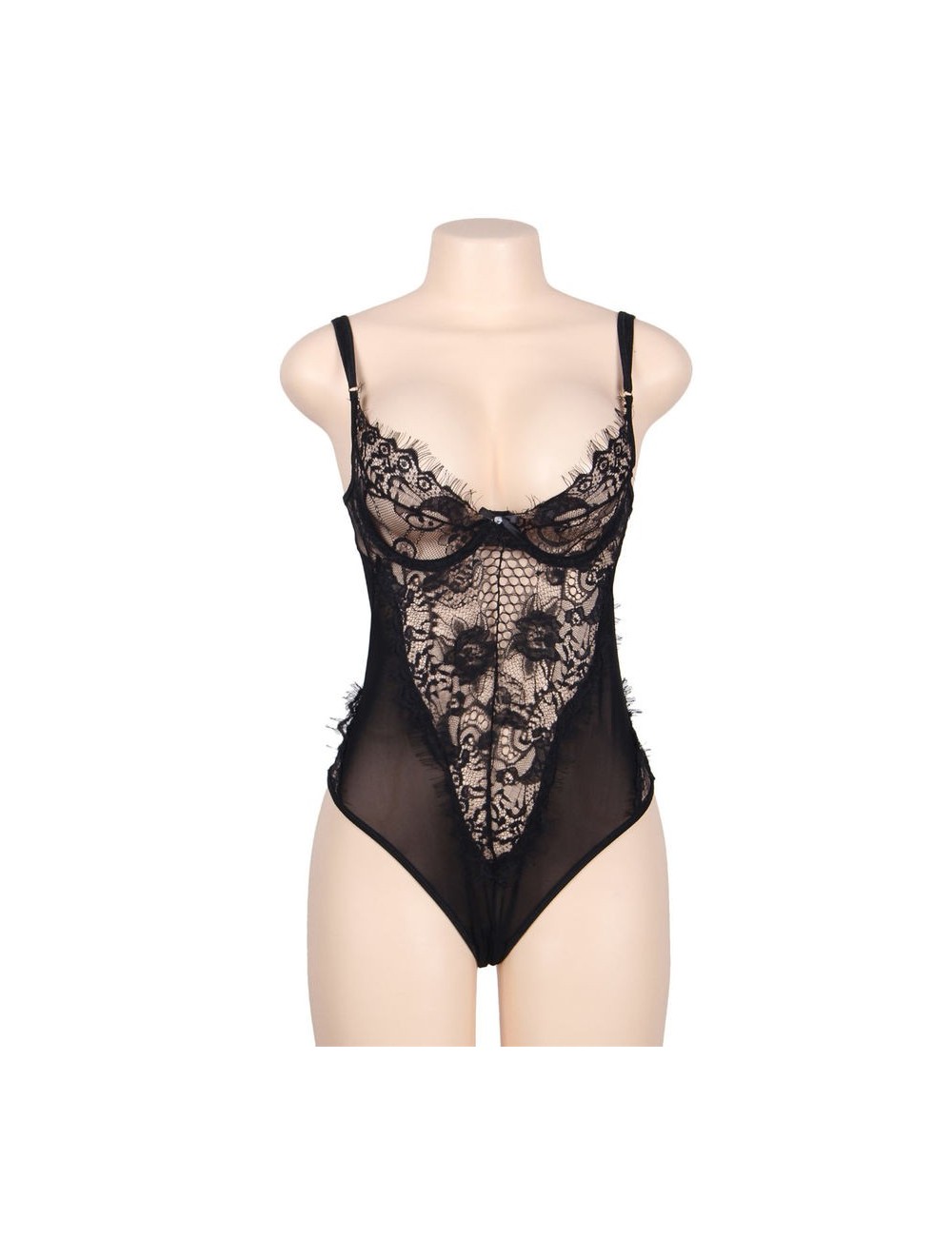 SUBBLIME - QUEEN PLUS DENTELLE FLORALE ET TEDDY NOIR  FRANGES